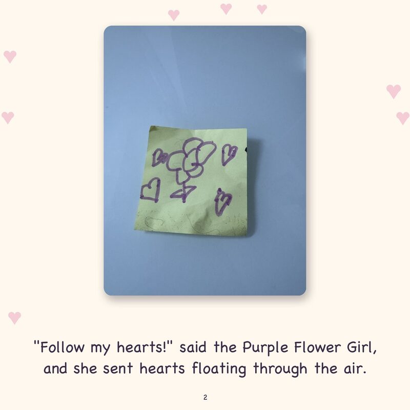 Book page with a sticky-note drawing of hearts and a line about the Purple Flower Girl