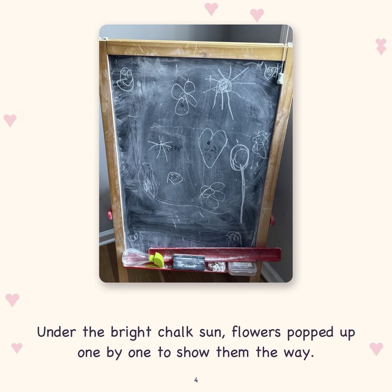 Book page with a chalkboard drawing of a sun and flowers